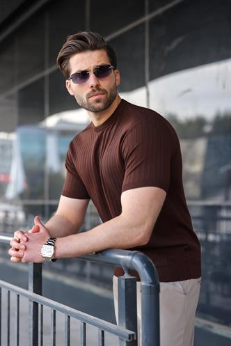 Kahverengi Bisiklet Yaka Triko Erkek Tişört E7460