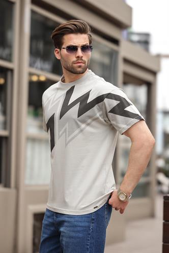Boyalı Gri Baskılı %100 Pamuk Erkek T-shirt E7111