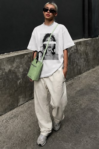 Ekru Oversize Baskılı Kadın Tişört MG1764