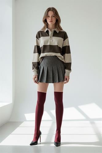 Mint Yeşili Çizgili Düğmeli Polo Yaka Kadın Uzun Kollu Tişört  MG2586