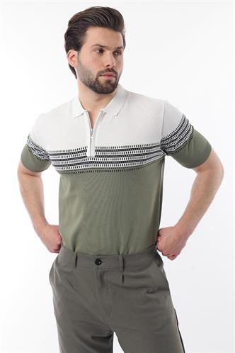 Beyaz Fermuarlı Polo Yaka Desenli Erkek T-shirt E7296