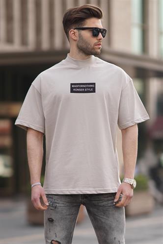 Taş Rengi Rengi Yalancı Dik Yaka Oversize Erkek Tişört 7005