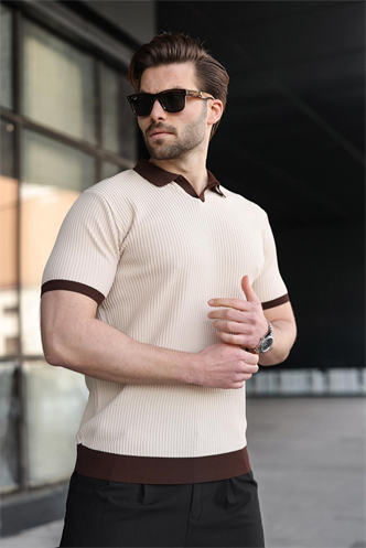 Taş Rengi Polo Yaka Triko Erkek Tişört E7464
