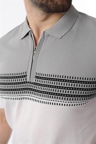 Gri Fermuarlı Polo Yaka Desenli Erkek T-shirt E7296