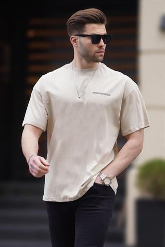 Bej Oversize Baskılı Erkek Tişört 6192