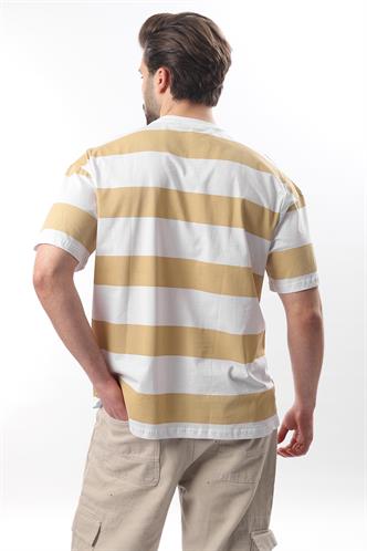 Bej Oversize Renk Bloklu Bisiklet Yaka Kısa Kollu Tişört 7030