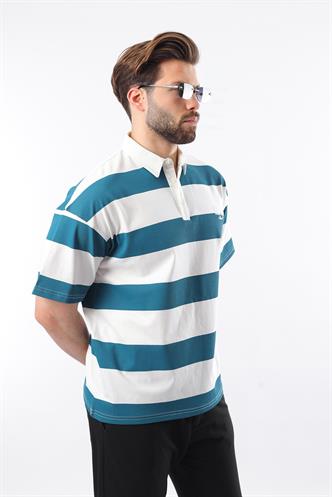 Petrol Mavisi Oversize Renk Bloklu Polo Yaka Tişört E7120