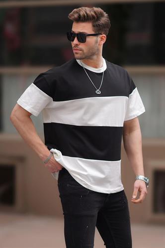 Siyah Oversize Renk Bloklu Bisiklet Yaka Tişört 7020