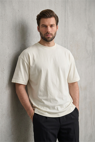 Erkek Ekru Oversize Fit Basic Tişört 6066