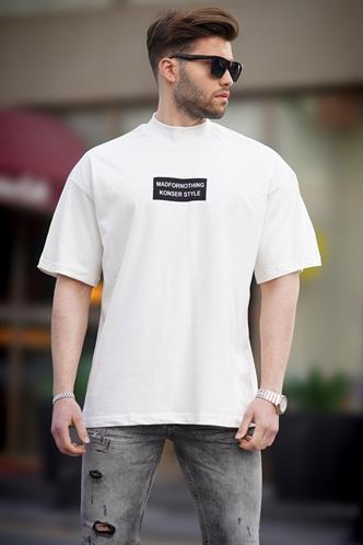 Ekru Yalancı Dik Yaka Oversize Erkek Tişört 7005