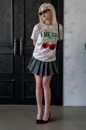 Ekru %100 Pamuklu Baskılı Kadın Tişört Mg2381