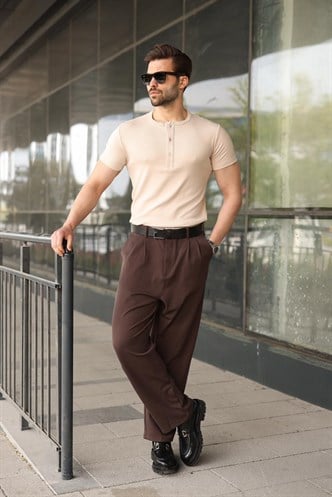 Bej Yarım Düğmeli Slim Fit Erkek Tişört E7186