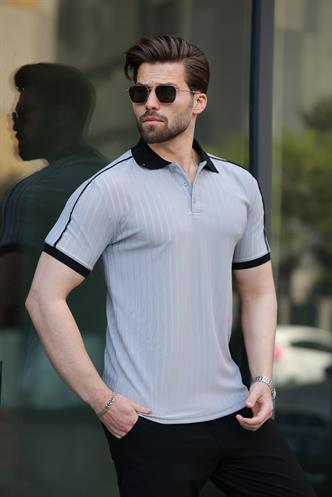 Boyalı Gri Desenli Polo Yaka Triko Erkek Tişört E7155