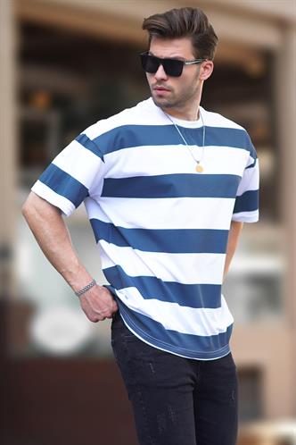 İndigo Oversize Renk Bloklu Bisiklet Yaka Kısa Kollu Tişört 7030