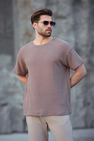 Madmext Kahverengi Bisiklet Yaka Oversize Erkek T-shirt E7134