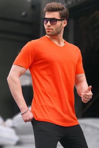 Madmext Basic V Yaka Turuncu Tişört 5281