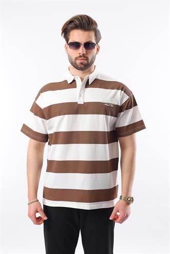 Kahverengi Oversize Renk Bloklu Polo Yaka Tişört E7120