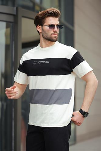 Siyah Oversize Renk Bloklu Bisiklet Yaka Baskılı Tişört 7025