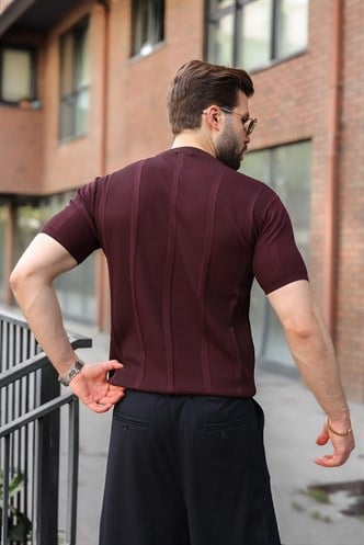 Mürdüm Regular Fit Bisiklet Yaka Fitilli Triko Erkek Tişört E7490