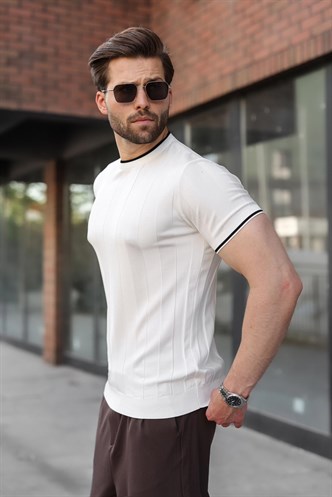 Beyaz Bisiklet Yaka Regular Fit Triko Erkek Tişört E7487