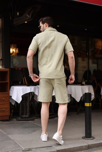 Mint Yeşili %100 Pamuklu Erkek Şort Gömlek Takım E7361