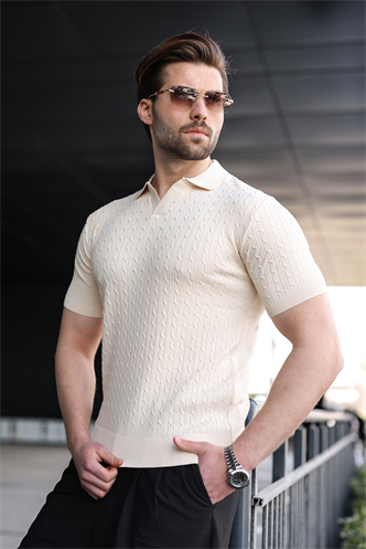 Taş Rengi Slim Fit Polo Yaka Triko Erkek Tişört E7472