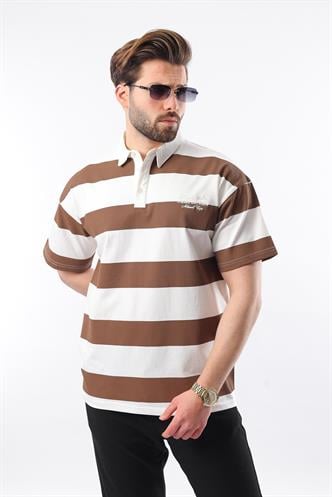 Kahverengi Oversize Renk Bloklu Polo Yaka Tişört E7120