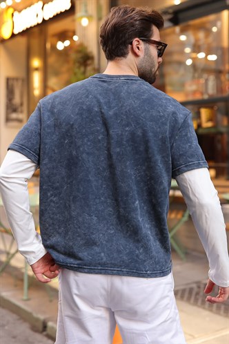 Lacivert Baskılı Batik Desen Erkek Tişört E7194