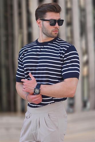 Lacivert Bisiklet Yaka Çizgili Kısa Kollu Erkek Tişört 6884