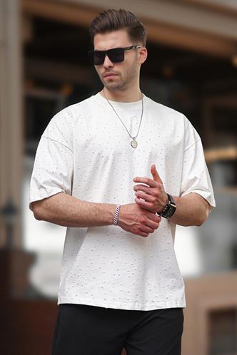 Ekru Oversize Yırtık Deyatlı Pamuklu Tişört 7032