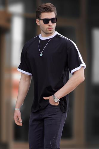 Erkek Siyah Oversize Şerit Detaylı Basic Tişört 7023