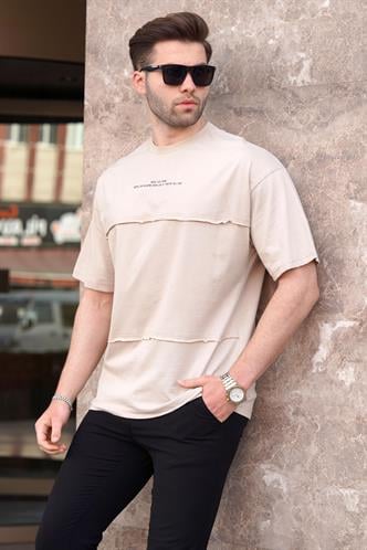 Bej Oversize Baskılı Bisiklet Yaka Tişört 7017