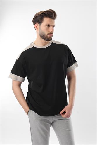 Siyah Omzu Şerit Detaylı Erkek T-shirt E7125