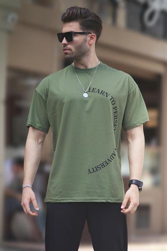 Haki Bisiklet Yaka Baskılı Kısa Kollu Overfit Tişört 7040