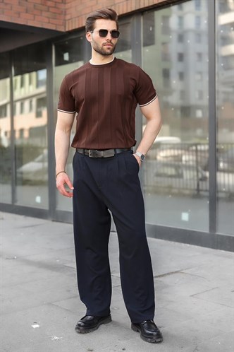 Kahverengi Bisiklet Yaka Regular Fit Triko Erkek Tişört E7487