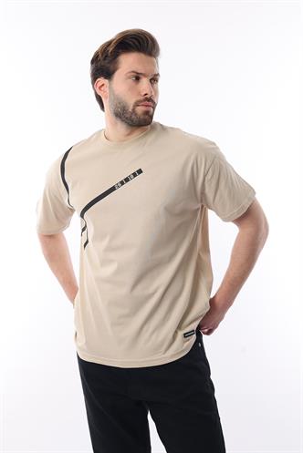 Bej Bisiklet Yaka Şerit Detaylı Pamuklu Erkek T-shirt E7033