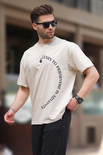 Bej Bisiklet Yaka Baskılı Kısa Kollu Overfit Tişört 7040