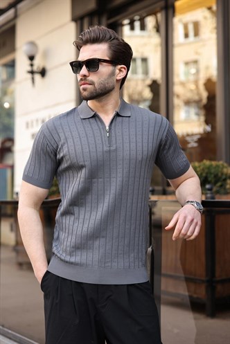 Antrasit Polo Yaka Slim Fit Triko Erkek Tişört E7465