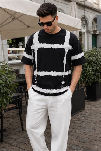 Siyah Bisiklet Yaka Baskılı Basic Erkek T-shirt E7109