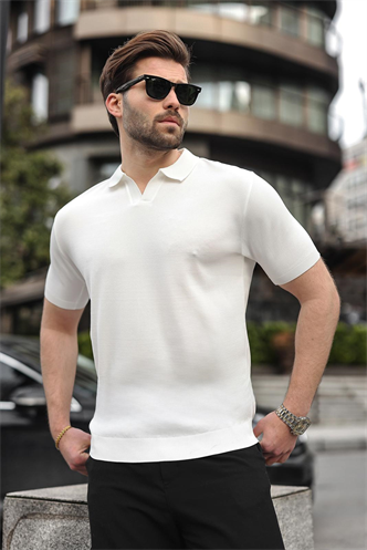 Beyaz Polo Yaka Triko Kısa Kollu Erkek Tişört E7463