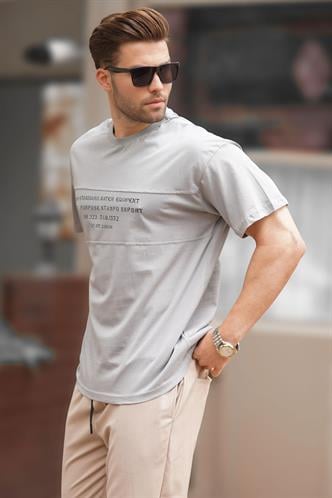 Boyalı Gri Oversize Bisiklet Yaka Baskılı Erkek Tişört 7018