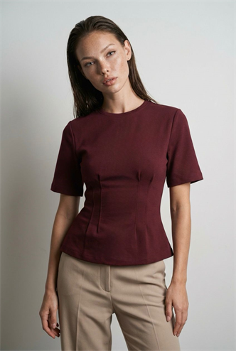 Bordo Kadın Bisiklet Yaka Belden Oturtmalı Basic Tişört MG2670