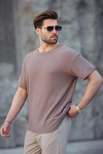 Madmext Kahverengi Bisiklet Yaka Oversize Erkek T-shirt E7134