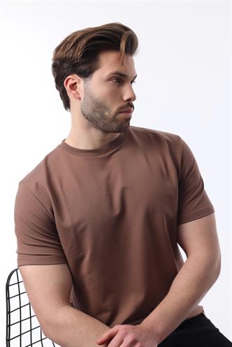 Kahverengi Bisiklet Yaka Basic Kısa Kollu Tişört 7042