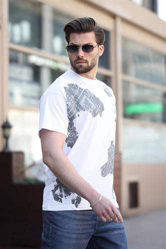 Beyaz %100 Pamuklu Desenli Erkek Tişört E7142