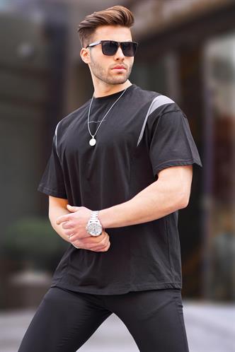 Siyah Oversize Bisiklet Yaka Tişört 7003