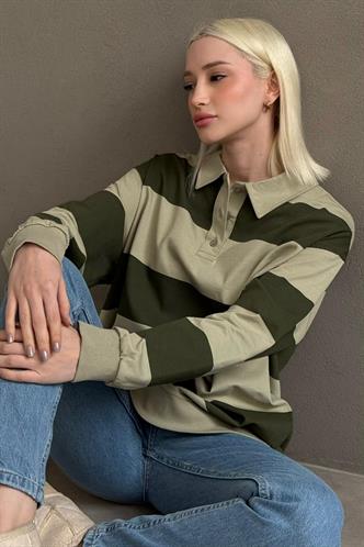 Mint Yeşili Çizgili Düğmeli Polo Yaka Kadın Uzun Kollu Tişört  MG2586