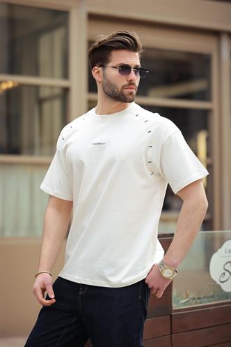 Ekru Baskılı Nakış Detaylı Erkek T-shirt E7108