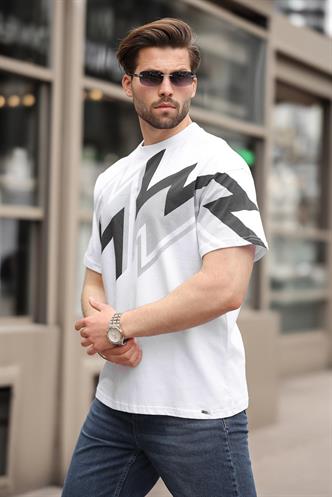 Beyaz Baskılı %100 Pamuk Erkek T-shirt E7111