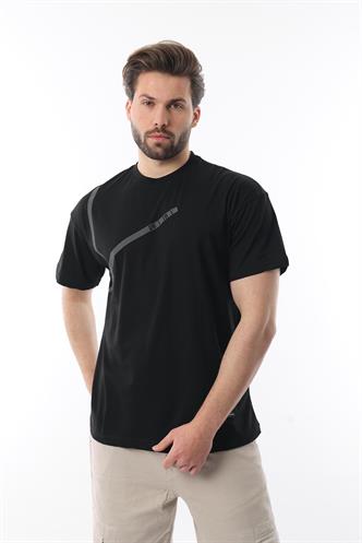 Siyah Bisiklet Yaka Şerit Detaylı Pamuklu Erkek T-shirt E7033